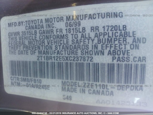 2T1BR12E5XC237872 - 1999 TOYOTA COROLLA VE/CE/LE MAROON photo 9