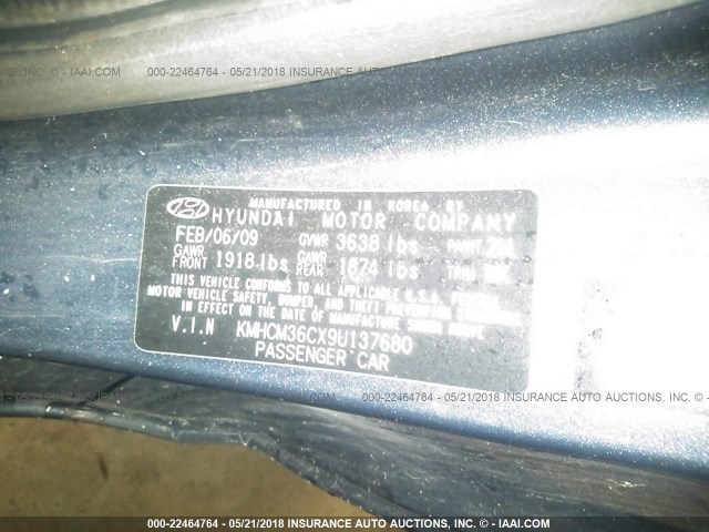 KMHCM36CX9U137680 - 2009 HYUNDAI ACCENT GS GRAY photo 9