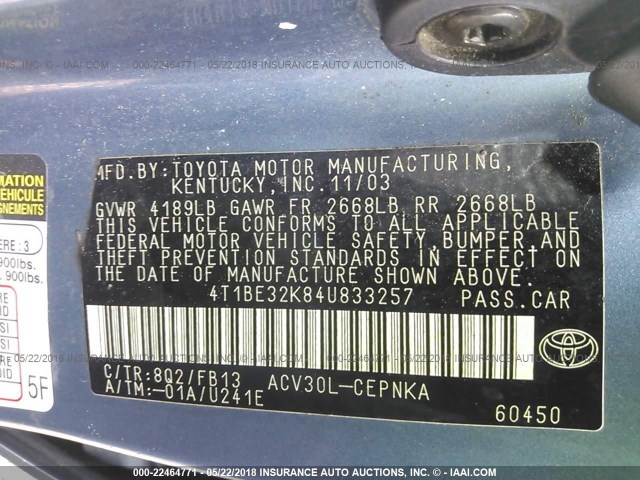 4T1BE32K84U833257 - 2004 TOYOTA CAMRY LE/XLE/SE 蓝色 照片 9