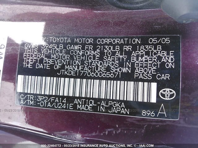 JTKDE177060065671 - 2006 TOYOTA SCION TC 勃艮第红 照片 9