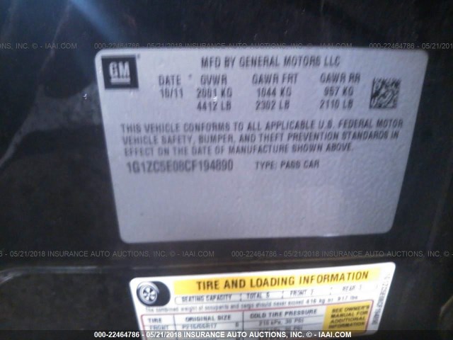 1G1ZC5E08CF194890 - 2012 CHEVROLET MALIBU 1LT 黑色 照片 9
