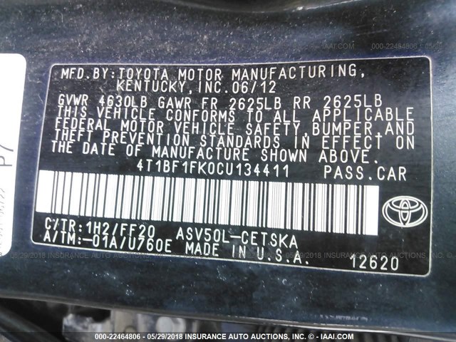 4T1BF1FK0CU134411 - 2012 TOYOTA CAMRY SE/LE/XLE Dark Blue photo 9