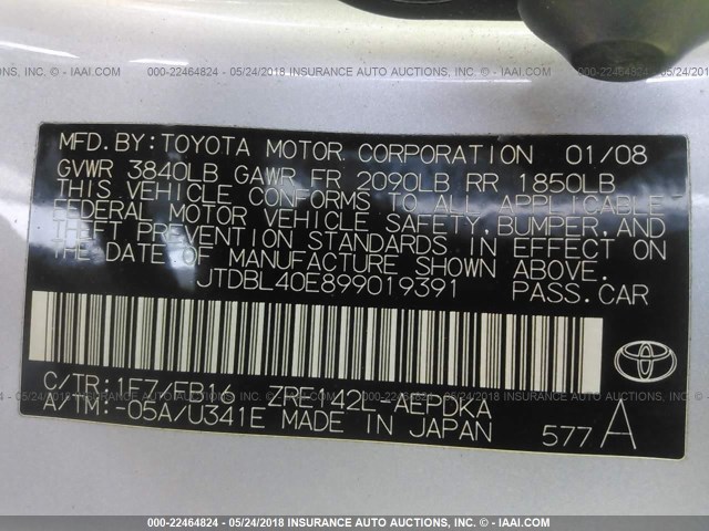 JTDBL40E899019391 - 2009 TOYOTA COROLLA LE/XLE SILVER photo 9