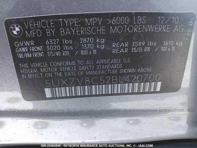 5UXZV8C52BL420700 - 2011 BMW X5 XDRIVE50I GRAY photo 9