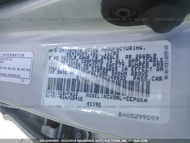 4T1BE30K73U148832 - 2003 TOYOTA CAMRY LE/XLE/SE ვერცხლისფერი ფოტო 9