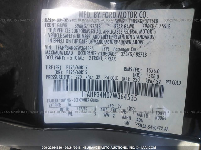 1FAHP34N07W364535 - 2007 FORD FOCUS ZX4/S/SE/SES BLACK photo 9