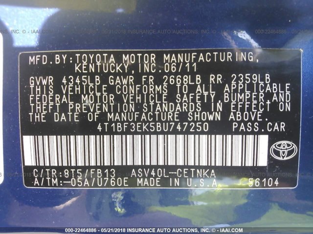 4T1BF3EK5BU747250 - 2011 TOYOTA CAMRY SE/LE/XLE BLUE photo 9