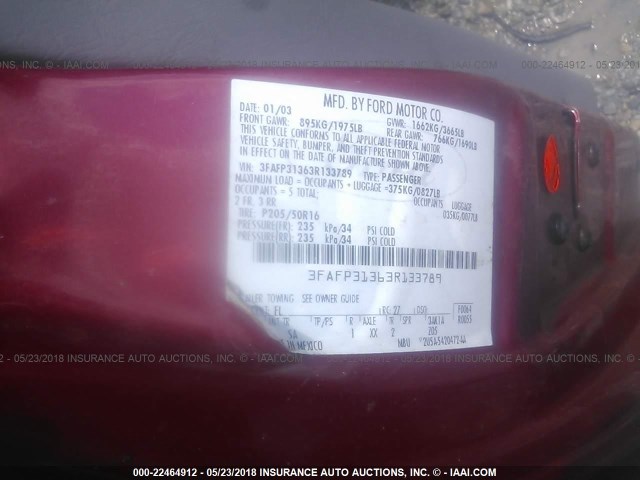 3FAFP31363R133789 - 2003 FORD FOCUS ZX3 RED photo 9