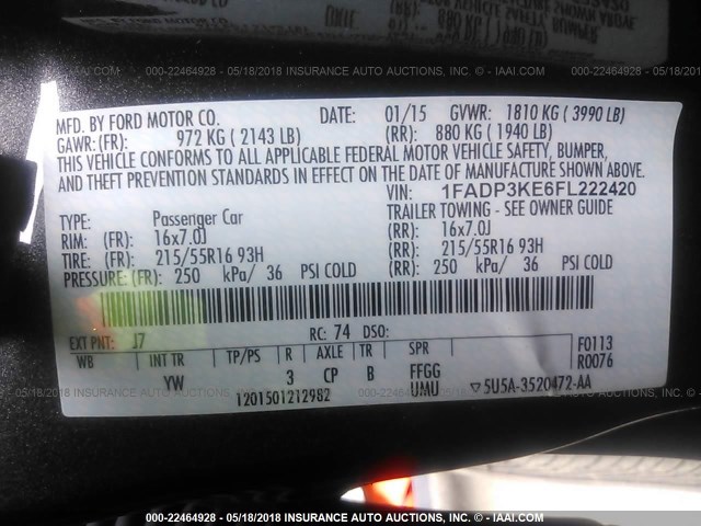 1FADP3KE6FL222420 - 2015 FORD FOCUS SE رمادي صورة 9