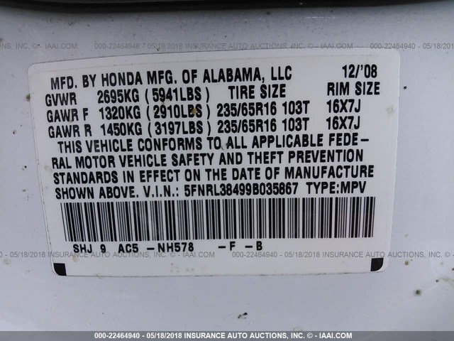 5FNRL38499B035867 - 2009 HONDA ODYSSEY EX 白色 照片 9