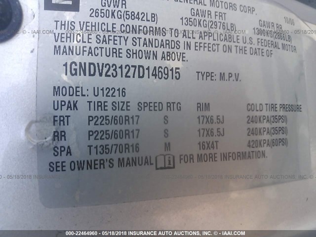 1GNDV23127D146915 - 2007 CHEVROLET UPLANDER LS SILVER photo 9