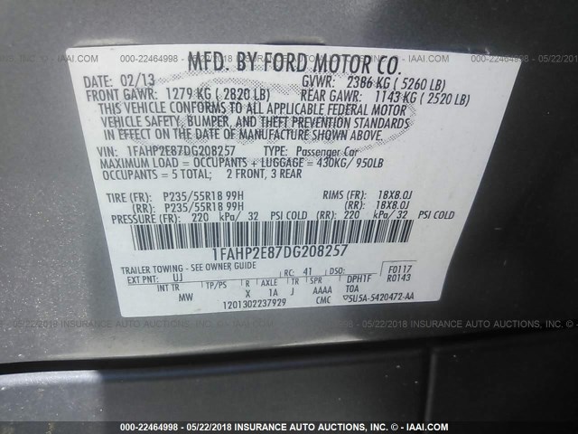 1FAHP2E87DG208257 - 2013 FORD TAURUS SEL GRAY photo 9