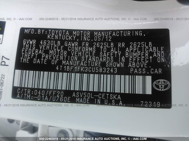 4T1BF1FK3CU583243 - 2012 TOYOTA CAMRY SE/LE/XLE თეთრი ფოტო 9