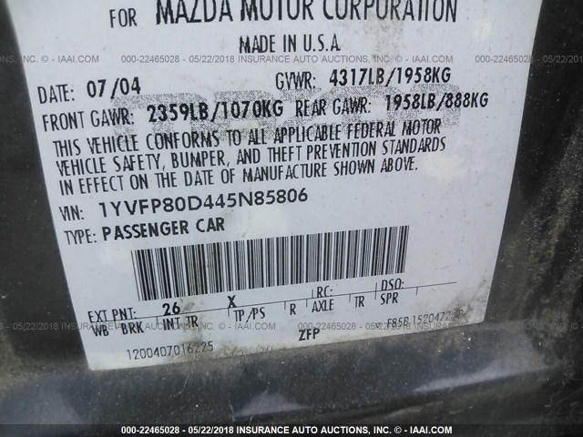 1YVFP80D445N85806 - 2004 MAZDA 6 S GRAY photo 9