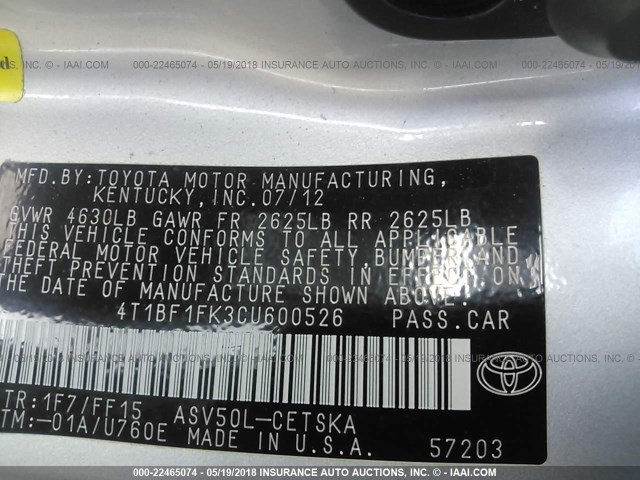 4T1BF1FK3CU600526 - 2012 TOYOTA CAMRY SE/LE/XLE 银色 照片 9