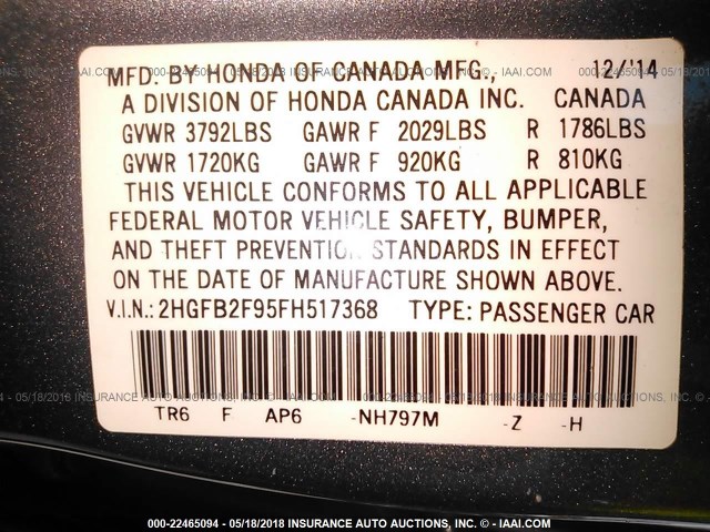 2HGFB2F95FH517368 - 2015 HONDA CIVIC EXL Boz foto 9