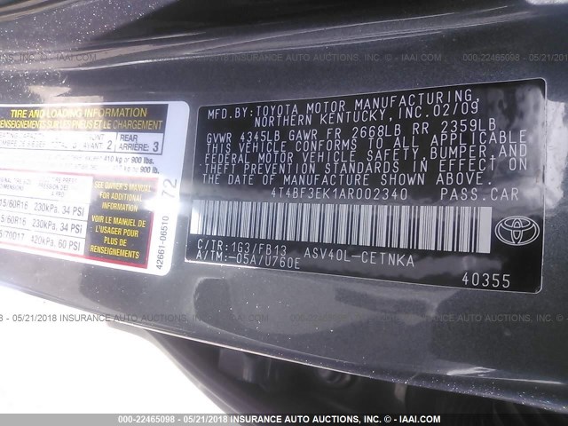 4T4BF3EK1AR002340 - 2010 TOYOTA CAMRY SE/LE/XLE GRAY photo 9