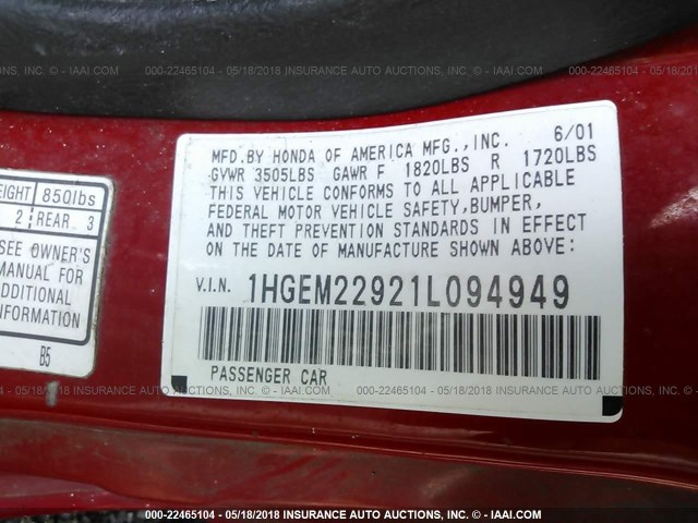 1HGEM22921L094949 - 2001 HONDA CIVIC SI/EX RED photo 9