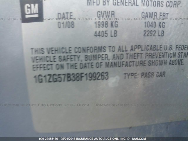 1G1ZG57B38F199263 - 2008 CHEVROLET MALIBU LS ღია ლურჯი ფოტო 9