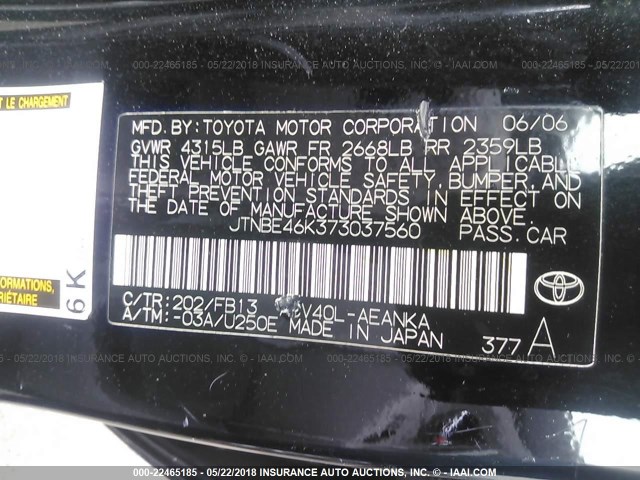 JTNBE46K373037560 - 2007 TOYOTA CAMRY NEW GENERAT CE/LE/XLE/SE BLACK photo 9