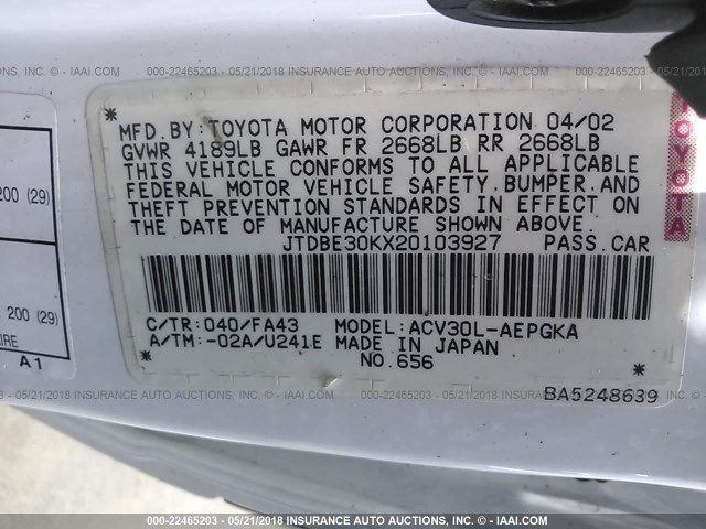 JTDBE30KX20103927 - 2002 TOYOTA CAMRY LE/XLE/SE Ağ foto 9