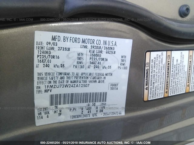 1FMZU73W24ZA12507 - 2004 FORD EXPLORER XLT/XLT SPORT/NBX GRAY photo 9