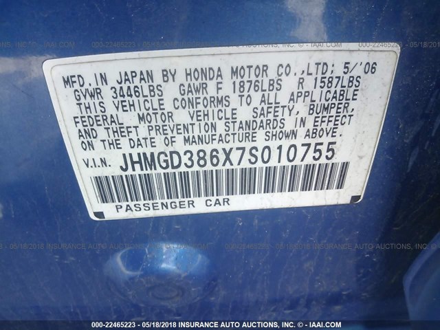 JHMGD386X7S010755 - 2007 HONDA FIT S BLUE photo 9