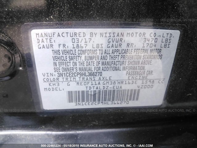 3N1CE2CP9HL366270 - 2017 NISSAN VERSA NOTE S/S PLUS/SV/SL/SR BLACK photo 9