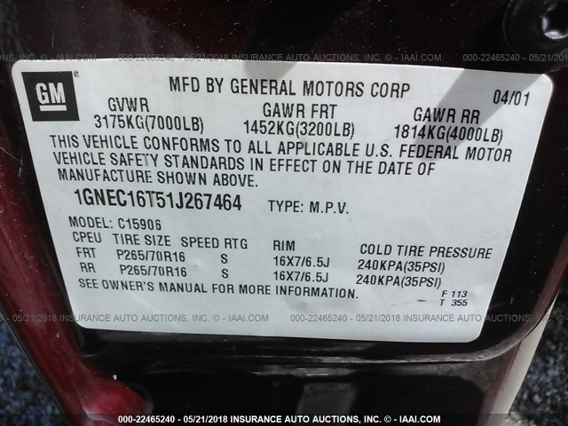 1GNEC16T51J267464 - 2001 CHEVROLET SUBURBAN C1500 RED photo 9