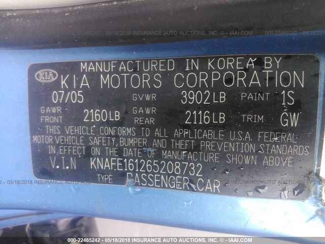 KNAFE161265208732 - 2006 KIA SPECTRA5 BLUE photo 9