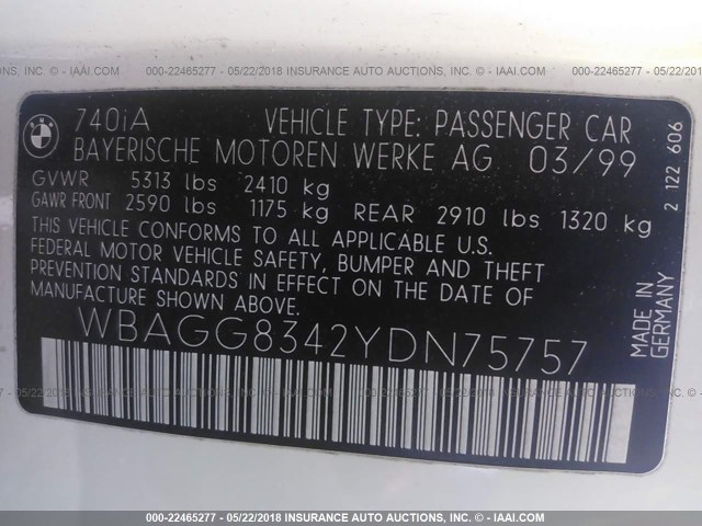 WBAGG8342YDN75757 - 2000 BMW 740 I AUTOMATIC WHITE photo 9