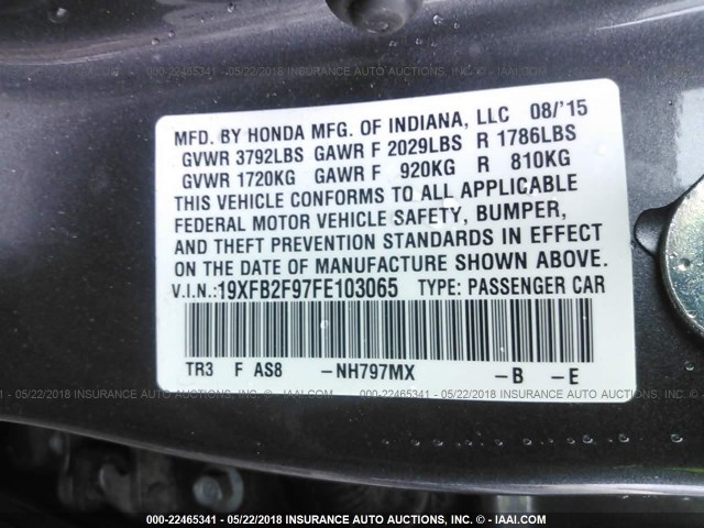 19XFB2F97FE103065 - 2015 HONDA CIVIC EXL GRAY photo 9