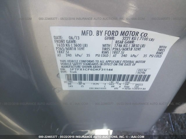 1FTFX1CF6DKF31144 - 2013 FORD F150 SUPER CAB SILVER photo 9