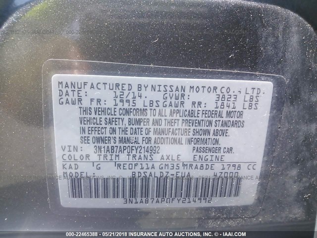 3N1AB7AP0FY214992 - 2015 NISSAN SENTRA S/SV/SR/SL GRAY photo 9