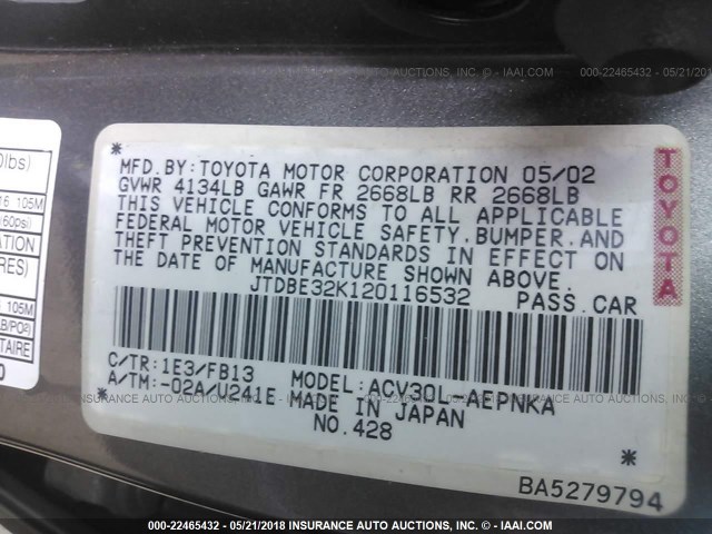 JTDBE32K120116532 - 2002 TOYOTA CAMRY LE/XLE/SE ნაცრისფერი ფოტო 9