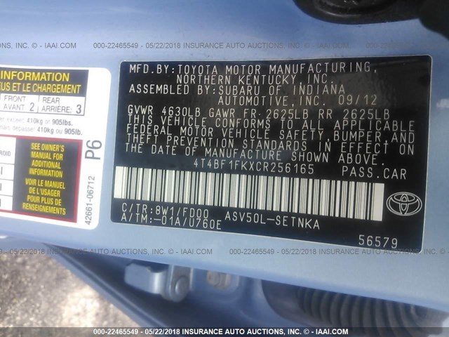 4T4BF1FKXCR256165 - 2012 TOYOTA CAMRY SE/LE/XLE 蓝色 照片 9