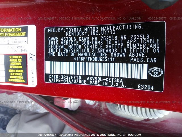 4T1BF1FK0DU655114 - 2013 TOYOTA CAMRY L/SE/LE/XLE წითელი ფოტო 9