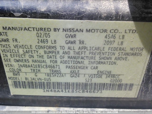 1N4BA41E85C846671 - 2005 NISSAN MAXIMA SE/SL BLUE photo 9