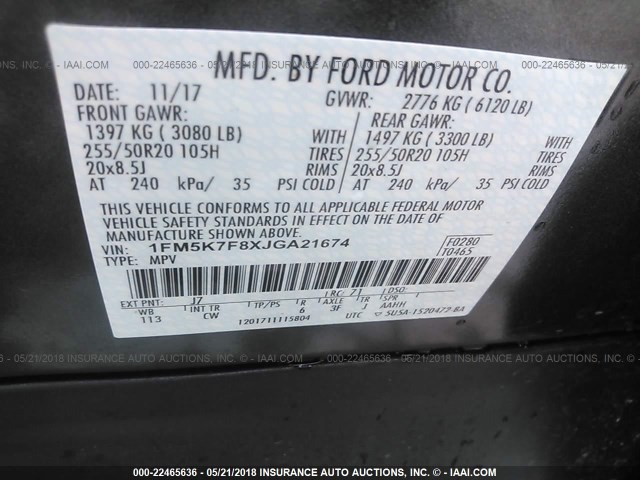 1FM5K7F8XJGA21674 - 2018 FORD EXPLORER LIMITED 灰色 照片 9