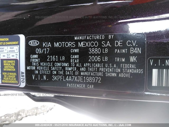 3KPFL4A7XJE198972 - 2018 KIA FORTE LX/S PURPLE photo 9