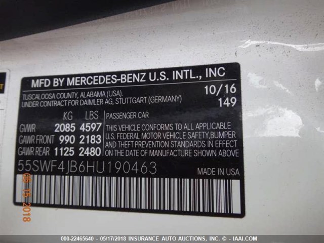 55SWF4JB6HU190463 - 2017 MERCEDES-BENZ C 300 WHITE photo 17