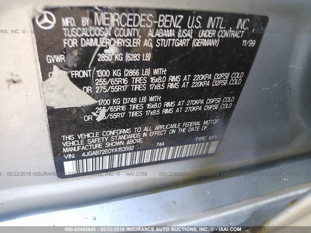 4JGAB72E0YA153592 - 2000 MERCEDES-BENZ ML 430 银色 照片 9