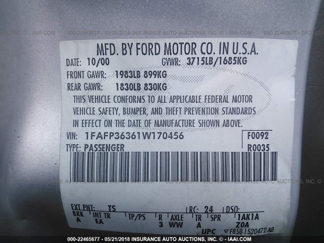 1FAFP36361W170456 - 2001 FORD FOCUS SE/SE COMFORT SILVER photo 9