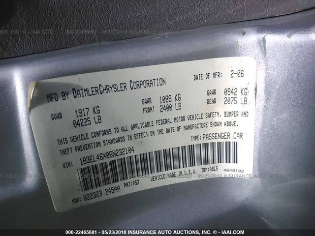 1B3EL46X06N232104 - 2006 DODGE STRATUS SXT SILVER photo 9