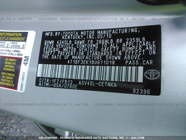 4T1BF3EK1BU611018 - 2011 TOYOTA CAMRY SE/LE/XLE ვერცხლისფერი ფოტო 9