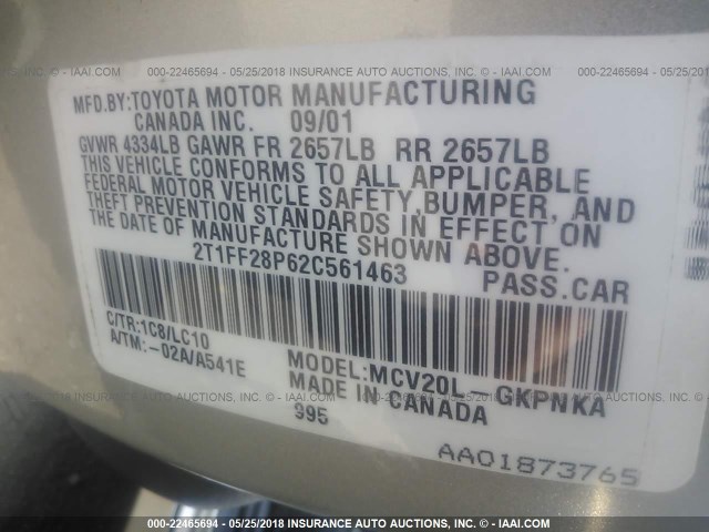 2T1FF28P62C561463 - 2002 TOYOTA CAMRY SOLARA SE/SLE ვერცხლისფერი ფოტო 9