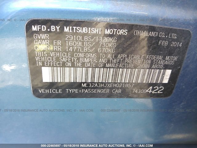 ML32A3HJXEH021857 - 2014 MITSUBISHI MIRAGE DE BLUE photo 9