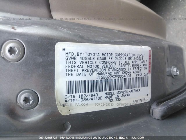 JT2BG22K2V0054009 - 1997 TOYOTA CAMRY LE/XLE GRAY photo 9