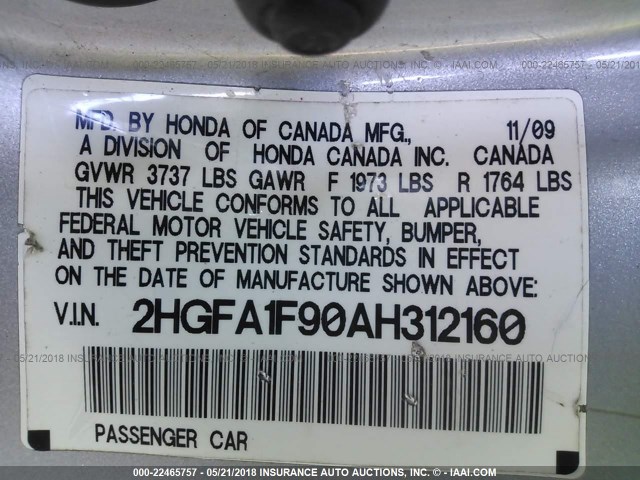 2HGFA1F90AH312160 - 2010 HONDA CIVIC EXL SILVER photo 9