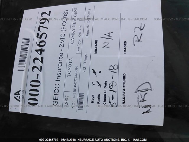 4T1BE46K77U649397 - 2007 TOYOTA CAMRY NEW GENERAT CE/LE/XLE/SE GOLD photo 7